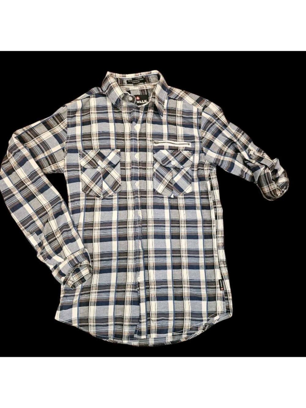 VTG Y2K Mens Buttonup Shirt Rolltap Plaid Sz Small Slim Fit White Blue Airwalk
